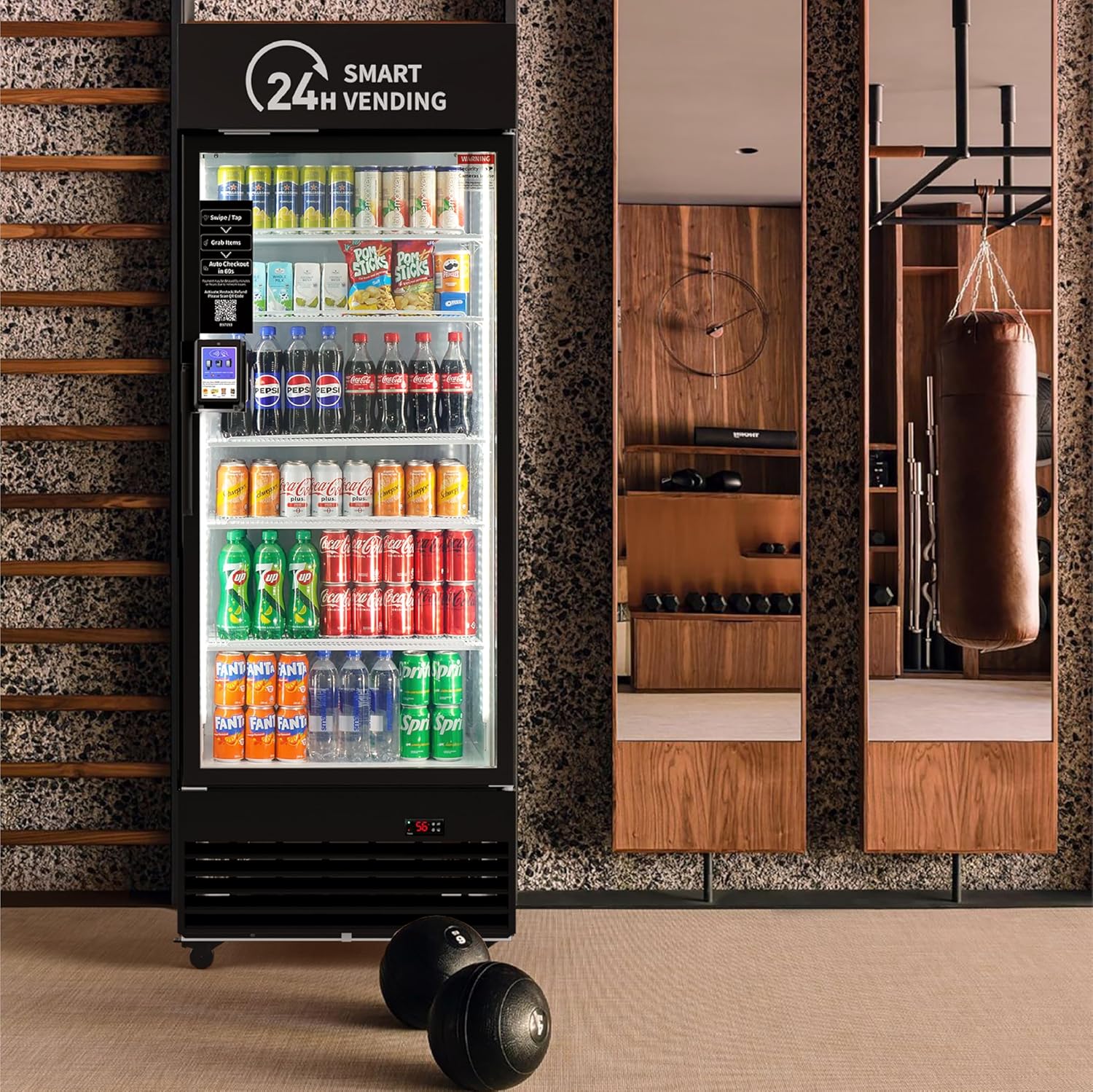 Front view of an AI-powered MunchBox smart cooler with touchscreen, stocked with snacks and drinks