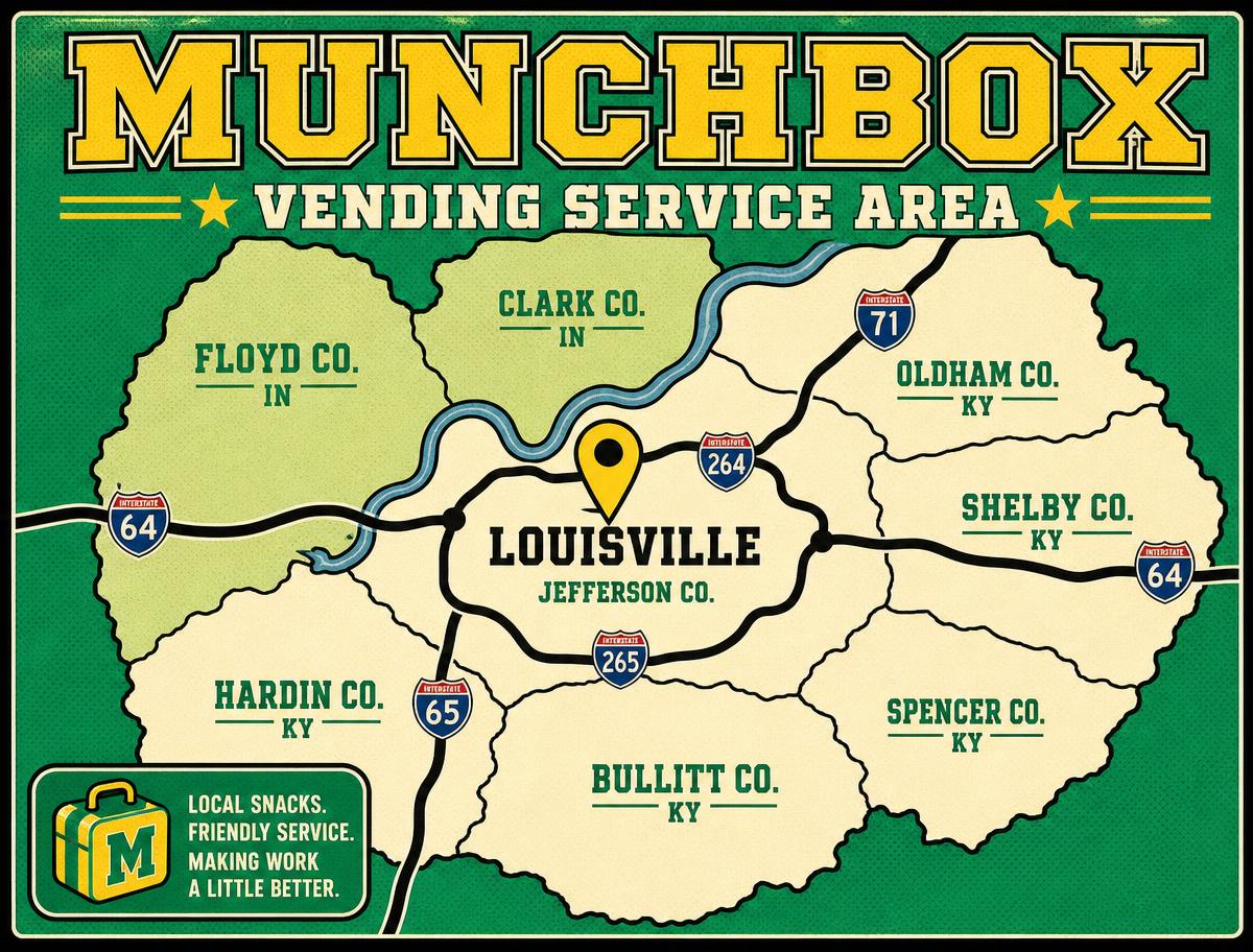 Map of the Louisville, KY metro area showing the MunchBox Vending service area and surrounding counties